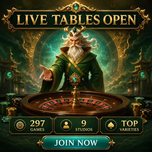 Keeper of Thunder Shrine gestikuliert bei Live-Casino-Roulette, während Live Tables Open Now Spieler begrüßt